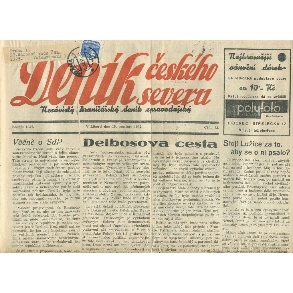 Deník českého severu, číslo 22/1937. Nezávislý hraničářský deník zpravodajský (1. republika, noviny)