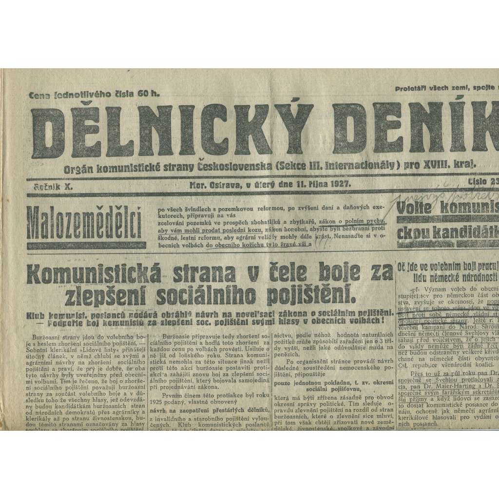 Dělnický deník, ročník X., číslo 232/1927 (1. republika, staré noviny, komunistická literatura) - Ostrava
