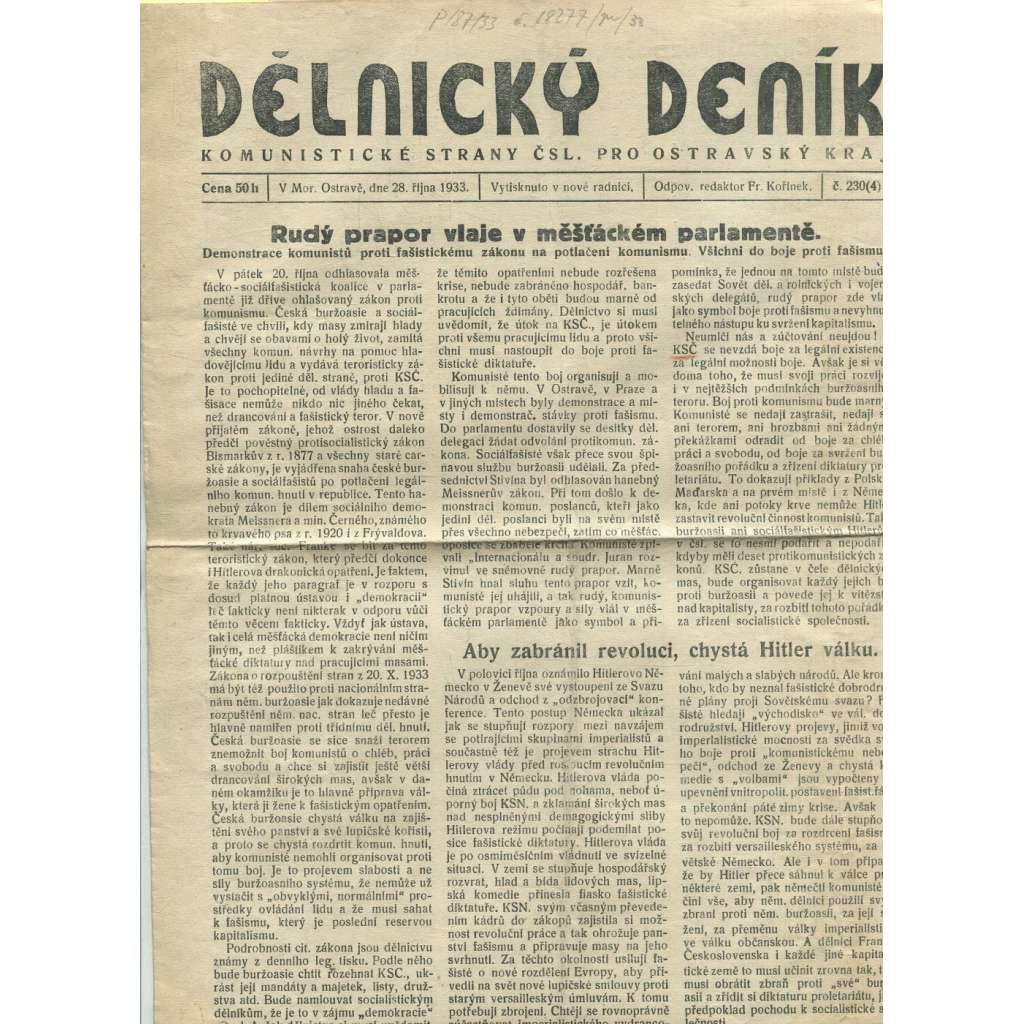 Dělnický deník Komunistické strany čsl. pro Ostravský kraj, číslo 230/1933 (1. republika, staré noviny, komunistická literatura) - Ostrava