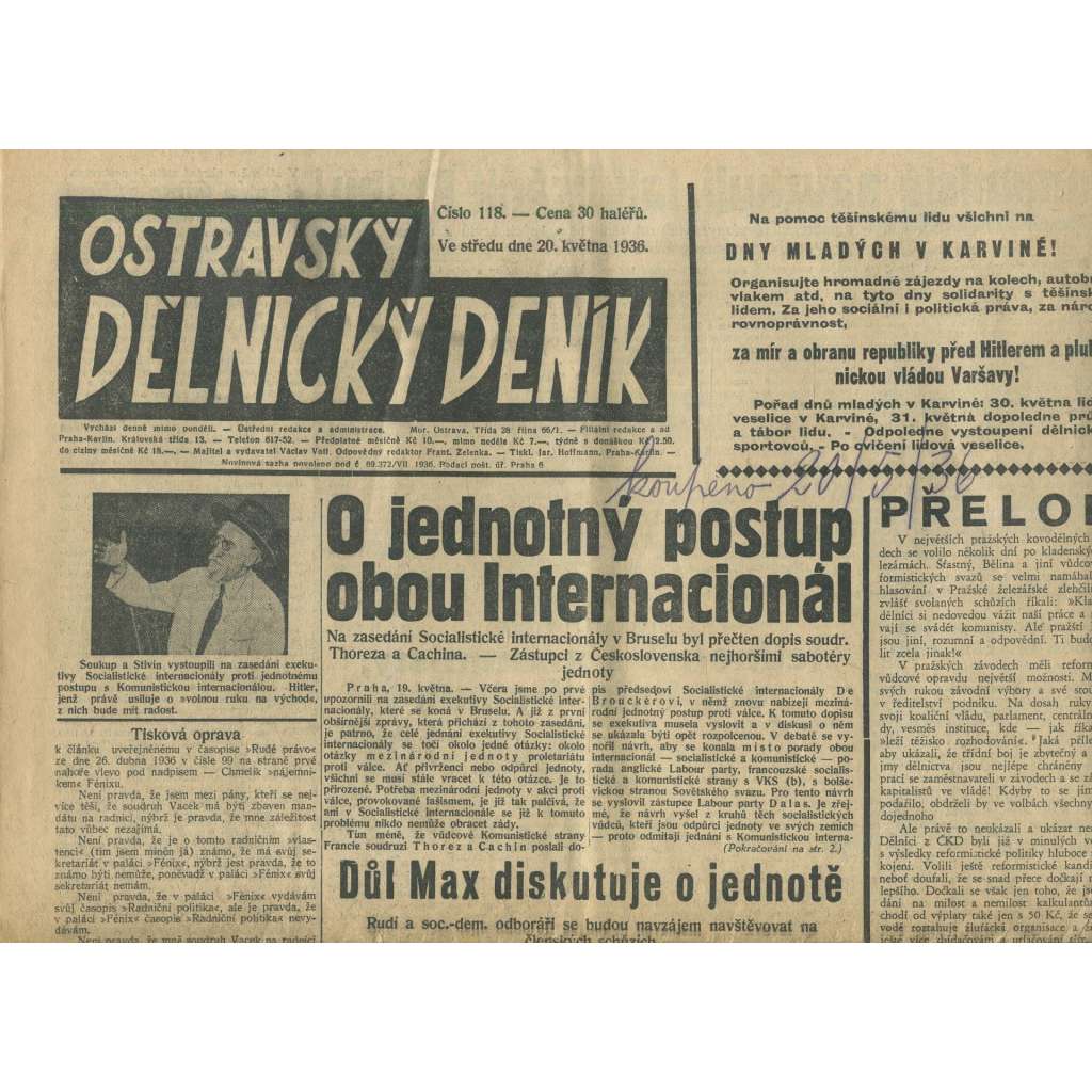 Ostravský dělnický deník, číslo 118/1936 (1. republika, staré noviny) - Ostrava