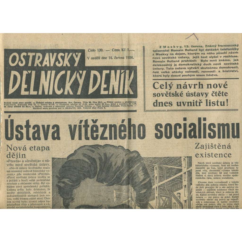 Ostravský dělnický deník, číslo 139/1936 (1. republika, staré noviny) - Ostrava