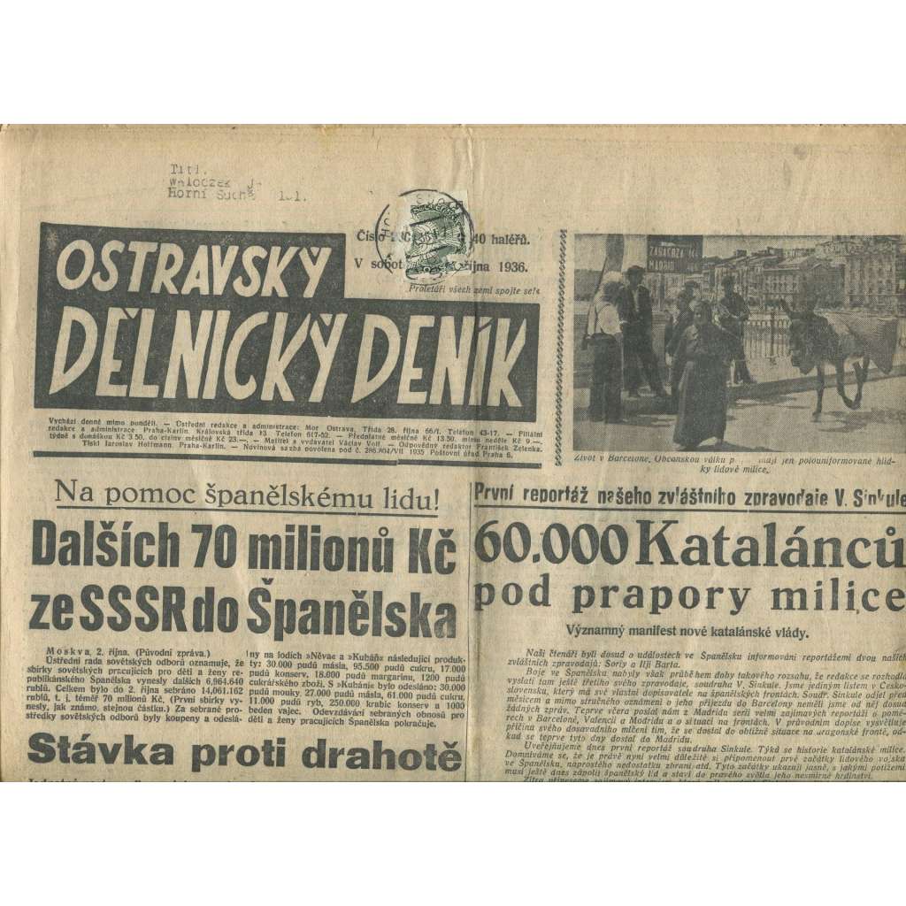 Ostravský dělnický deník, číslo 230/1936 (1. republika, staré noviny) - Ostrava