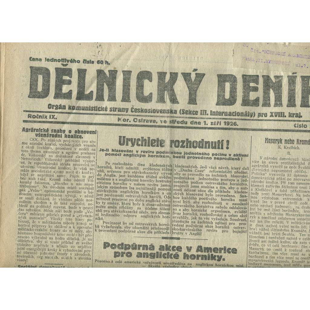 Dělnický deník, ročník IX., číslo 202/1926 (1. republika, staré noviny) - Ostrava