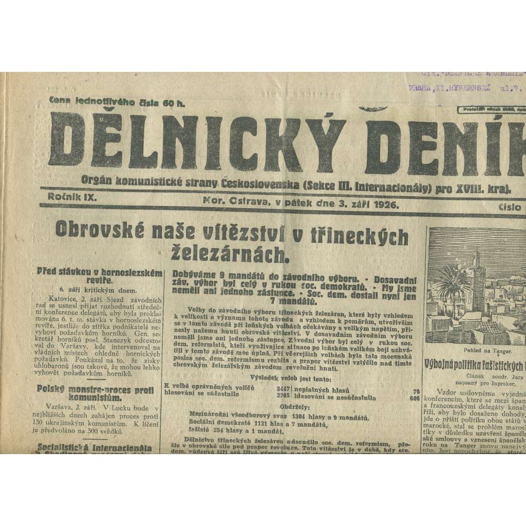 Dělnický deník, ročník IX., číslo 204/1926 (1. republika, staré noviny) - Ostrava