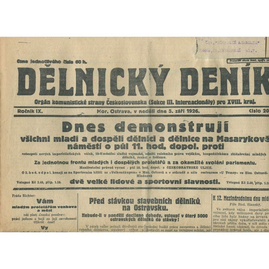 Dělnický deník, ročník IX., číslo 206/1926 (1. republika, staré noviny) - Ostrava