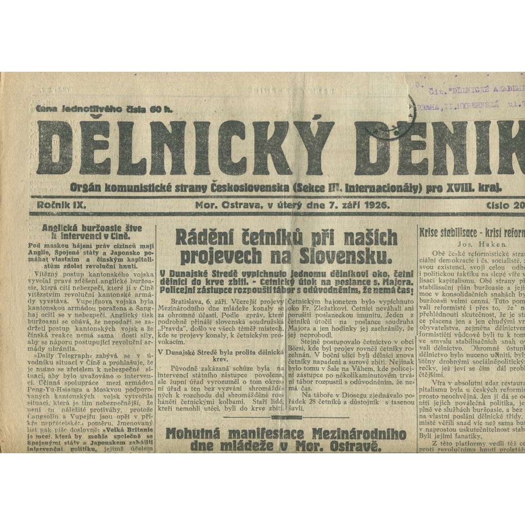 Dělnický deník, ročník IX., číslo 207/1926 (1. republika, staré noviny) - Ostrava