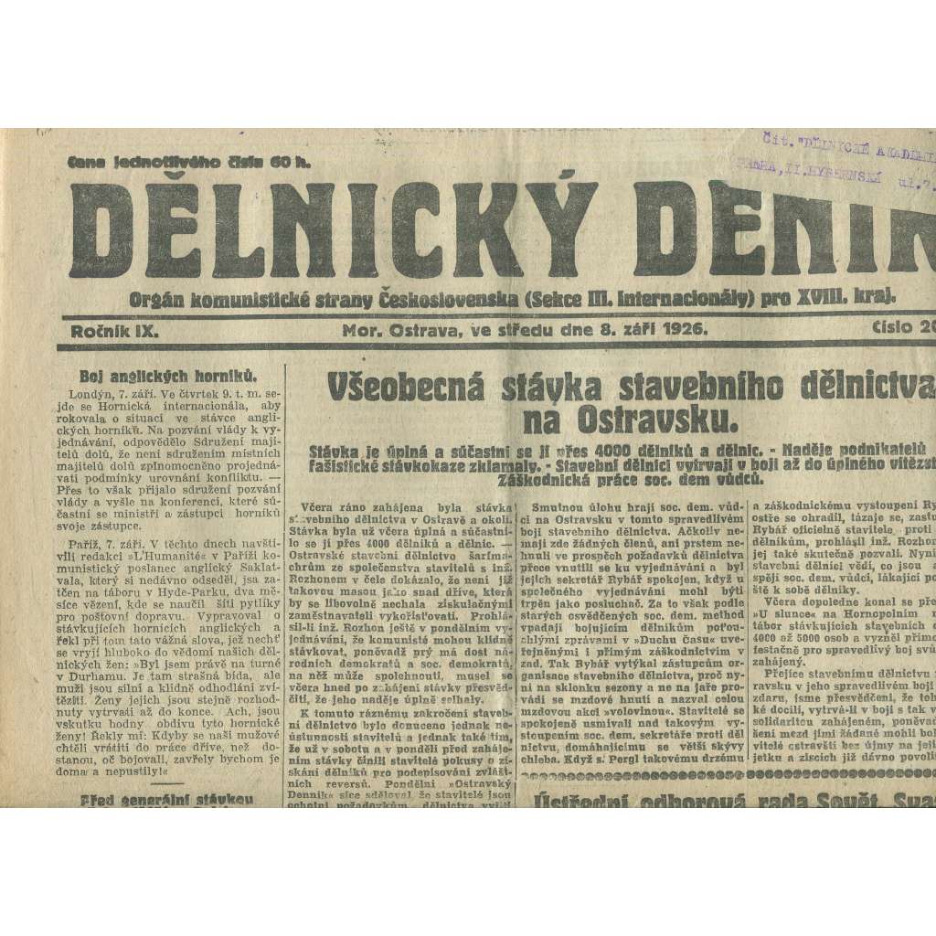 Dělnický deník, ročník IX., číslo 208/1926 (1. republika, staré noviny) - Ostrava