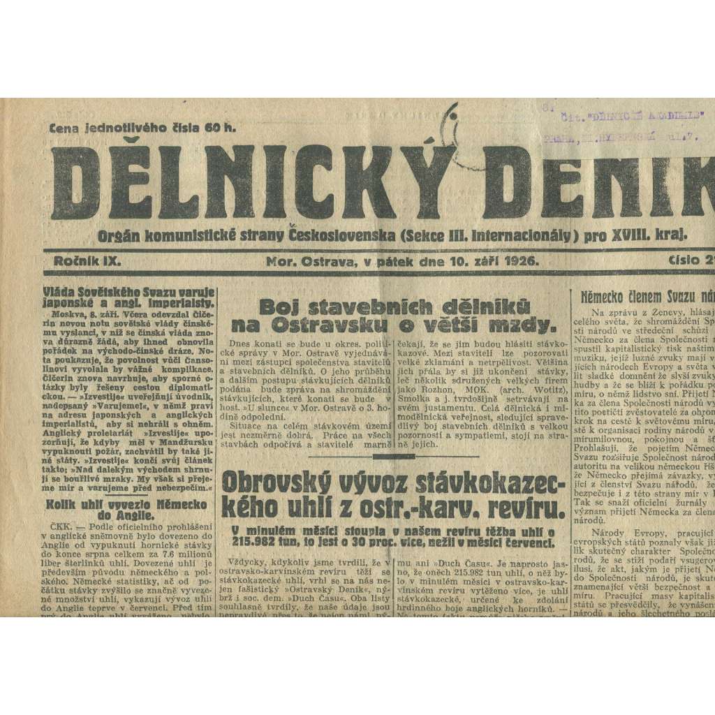 Dělnický deník, ročník IX., číslo 210/1926 (1. republika, staré noviny) - Ostrava