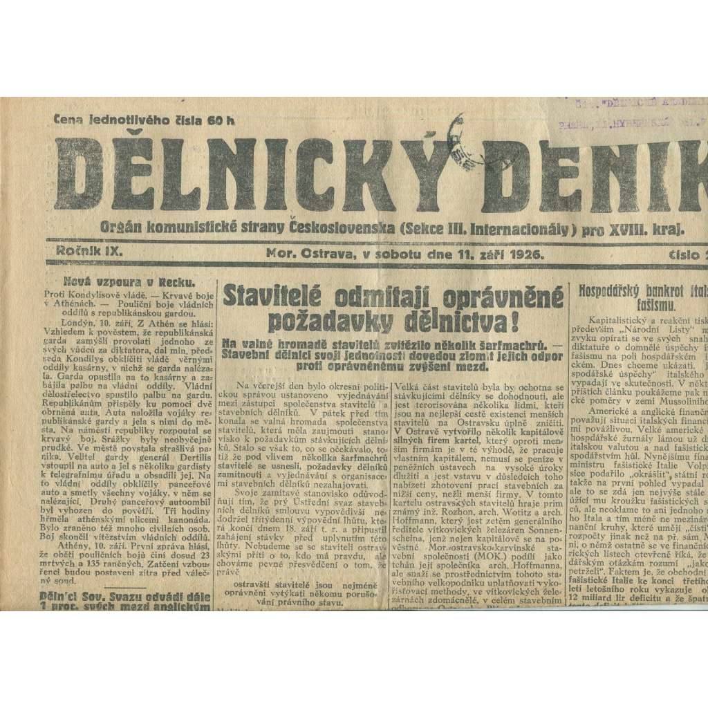 Dělnický deník, ročník IX., číslo 211/1926 (1. republika, staré noviny) - Ostrava