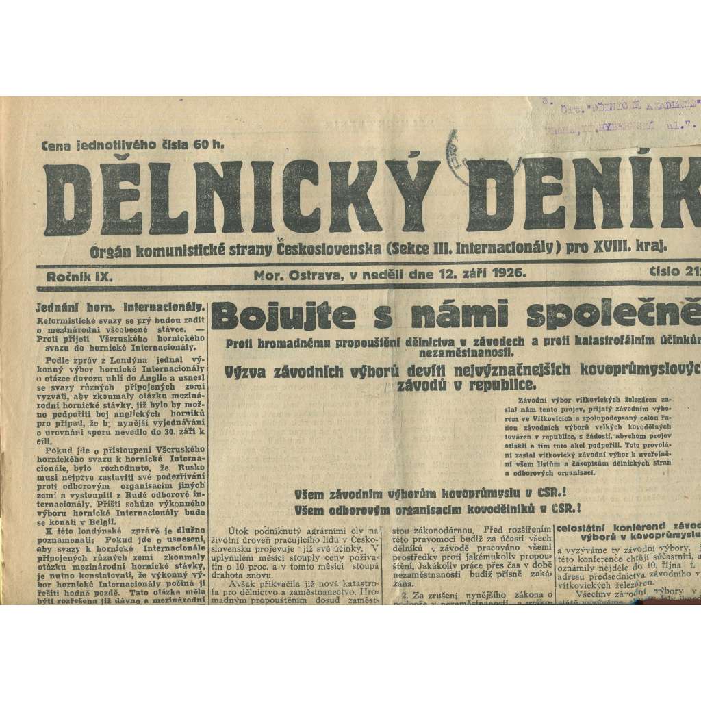 Dělnický deník, ročník IX., číslo 212/1926 (1. republika, staré noviny) - Ostrava
