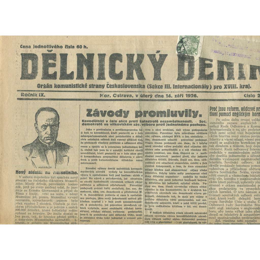 Dělnický deník, ročník IX., číslo 213/1926 (1. republika, staré noviny) - Ostrava