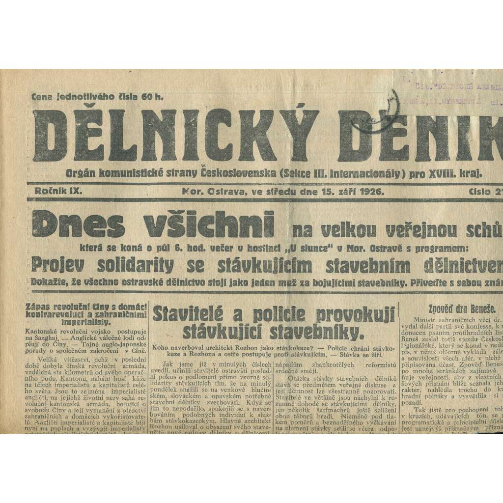 Dělnický deník, ročník IX., číslo 214/1926 (1. republika, staré noviny) - Ostrava