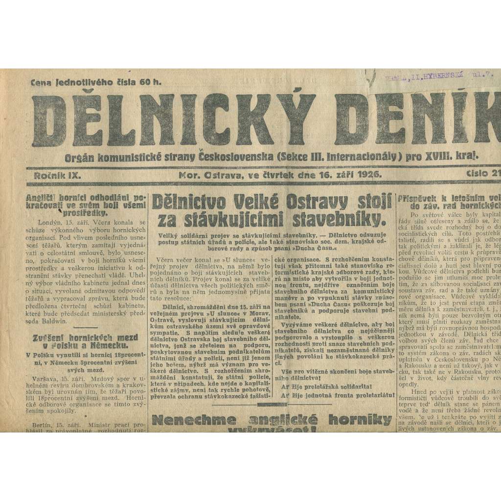 Dělnický deník, ročník IX., číslo 215/1926 (1. republika, staré noviny) - Ostrava