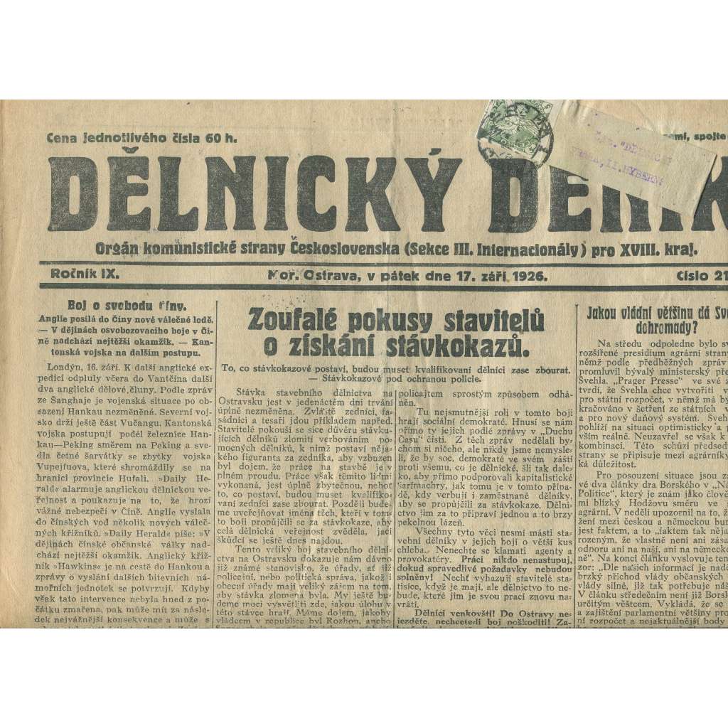 Dělnický deník, ročník IX., číslo 216/1926 (1. republika, staré noviny) - Ostrava