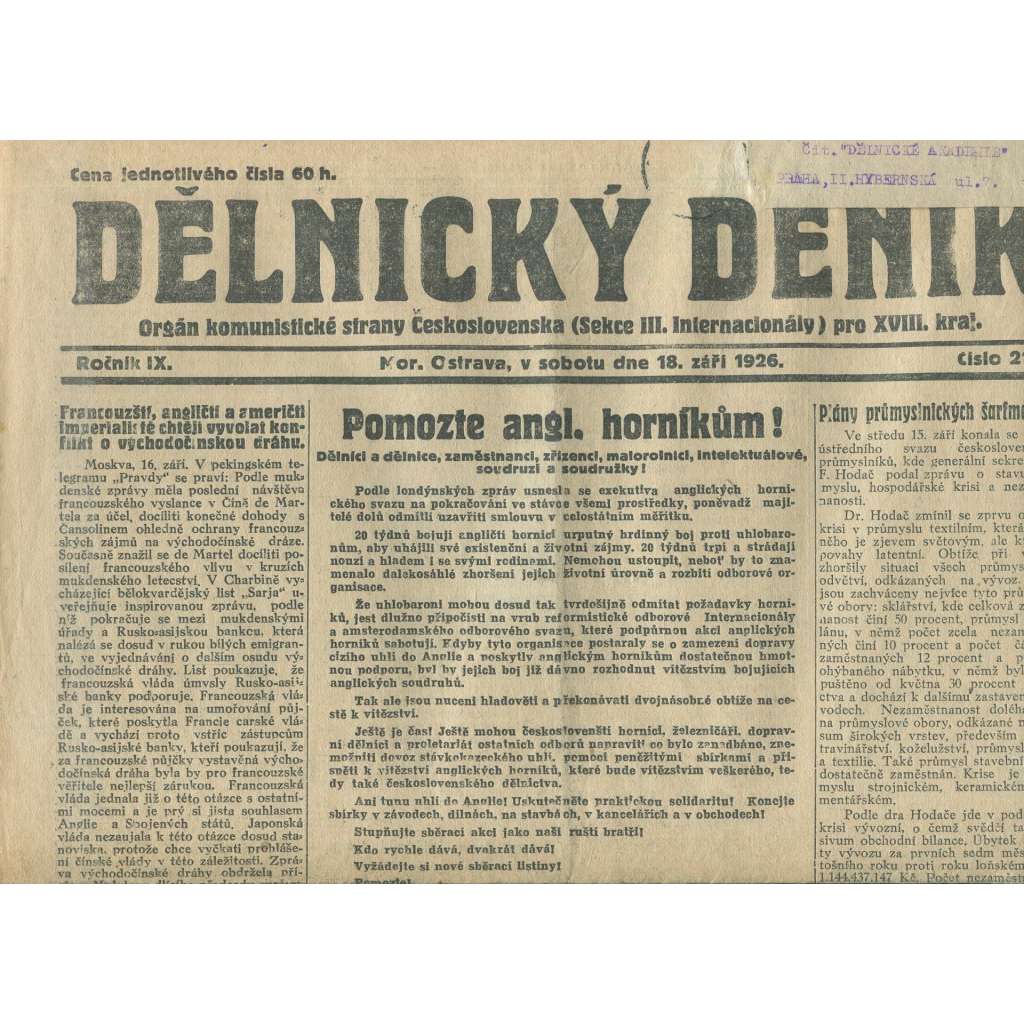 Dělnický deník, ročník IX., číslo 217/1926 (1. republika, staré noviny) - Ostrava