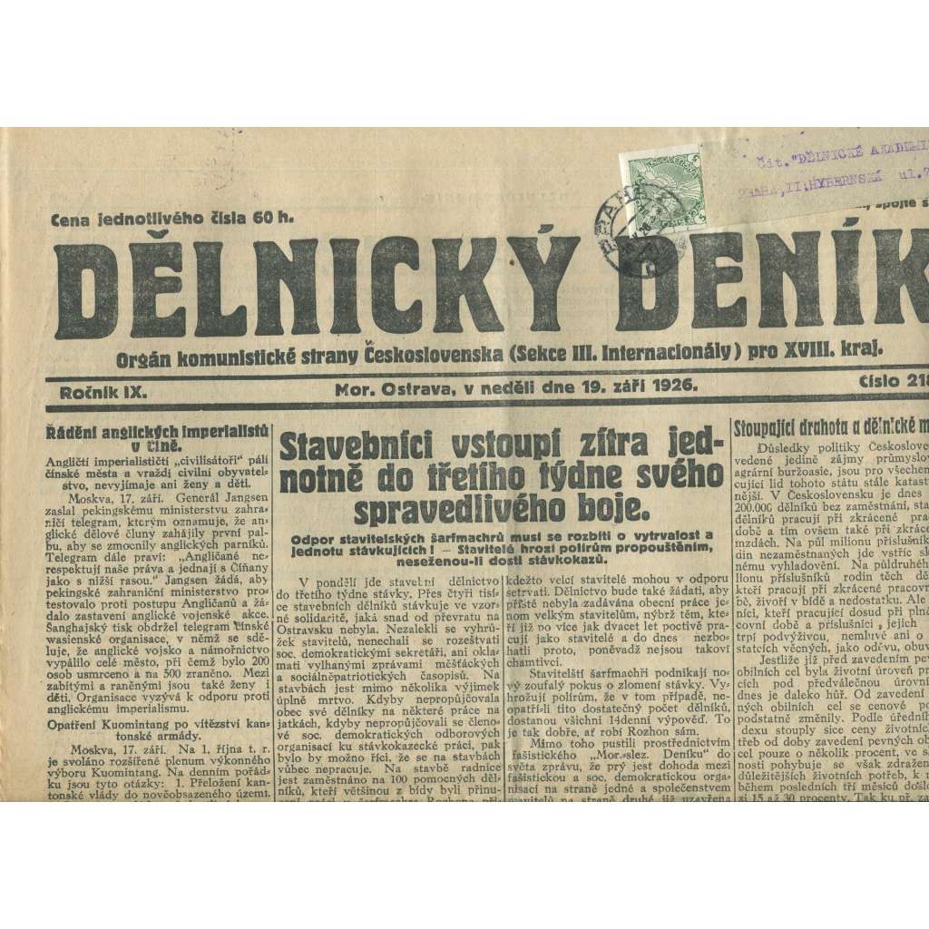 Dělnický deník, ročník IX., číslo 218/1926 (1. republika, staré noviny) - Ostrava