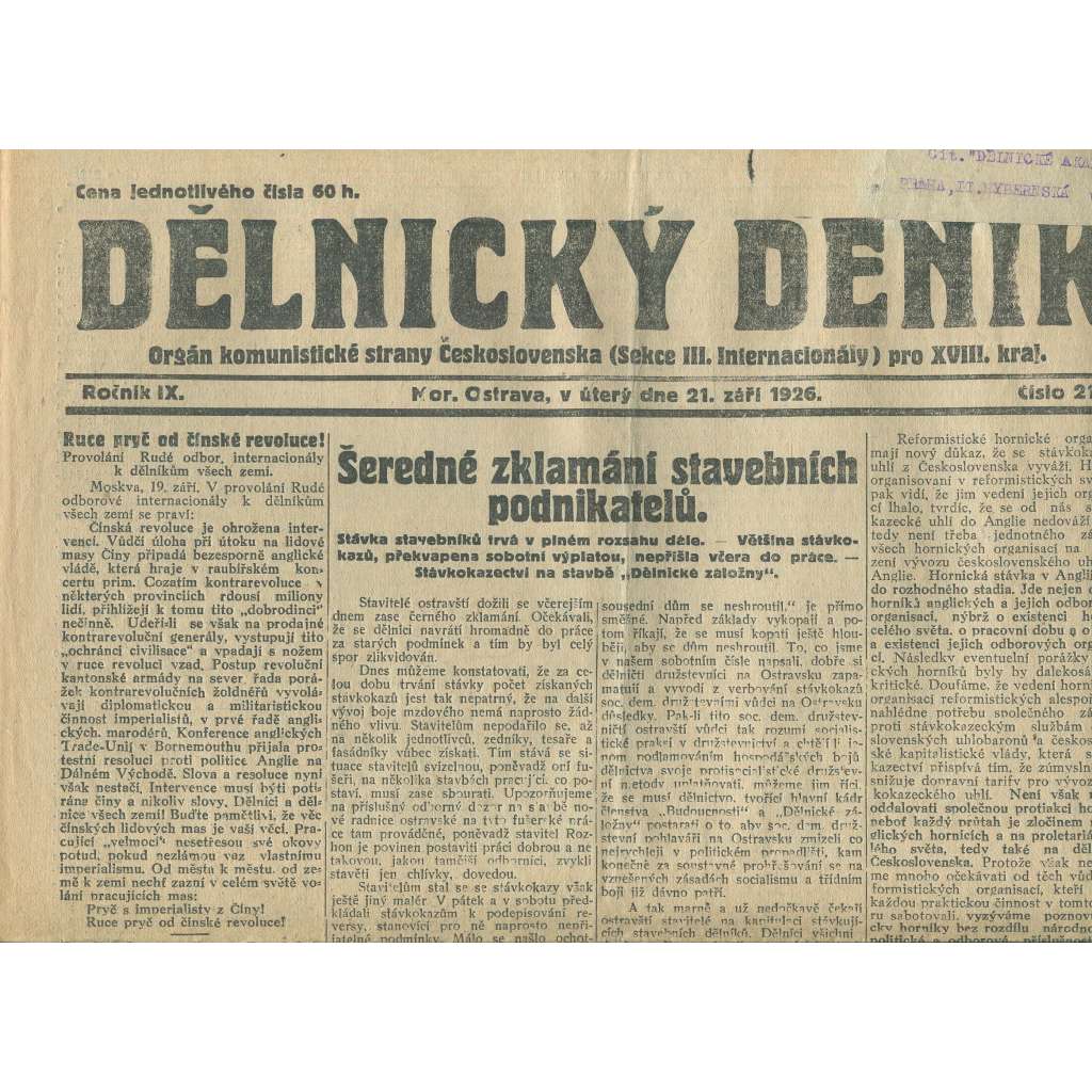 Dělnický deník, ročník IX., číslo 219/1926 (1. republika, staré noviny) - Ostrava