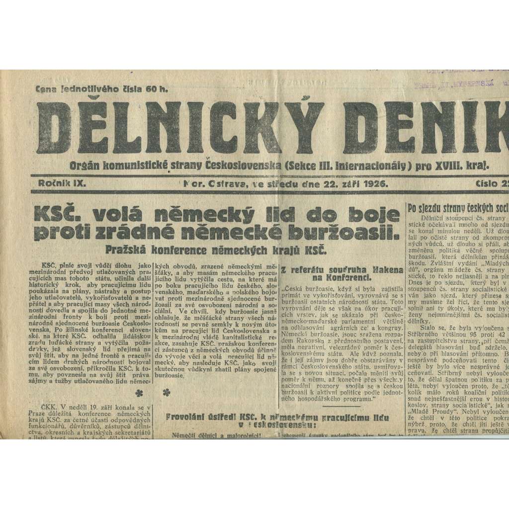 Dělnický deník, ročník IX., číslo 220/1926 (1. republika, staré noviny) - Ostrava