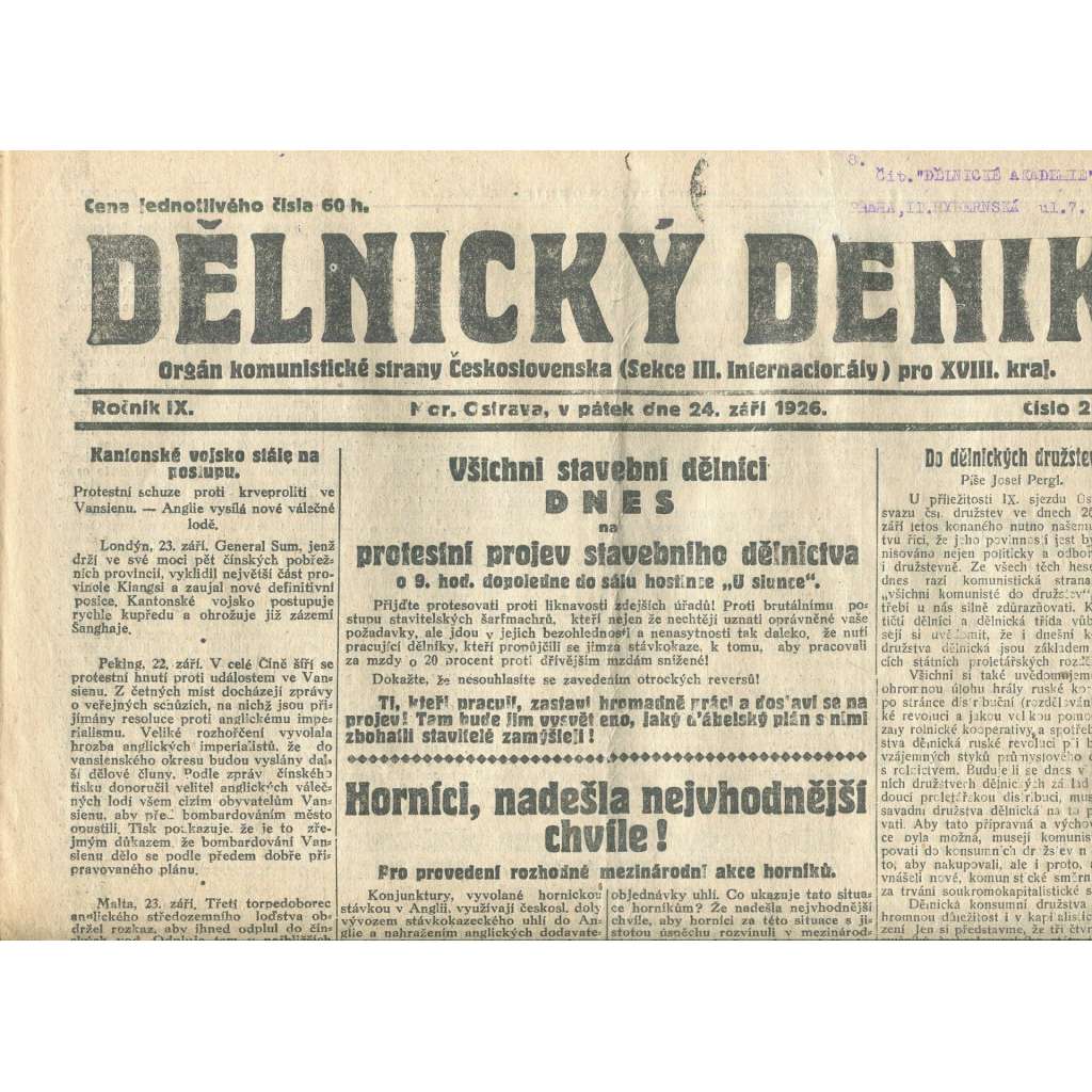Dělnický deník, ročník IX., číslo 222/1926 (1. republika, staré noviny) - Ostrava