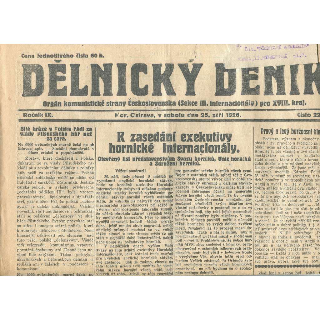 Dělnický deník, ročník IX., číslo 223/1926 (1. republika, staré noviny) - Ostrava