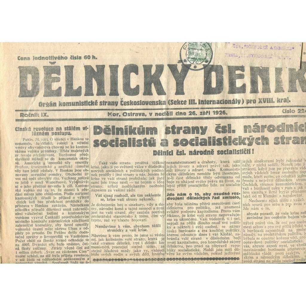 Dělnický deník, ročník IX., číslo 224/1926 (1. republika, staré noviny) - Ostrava