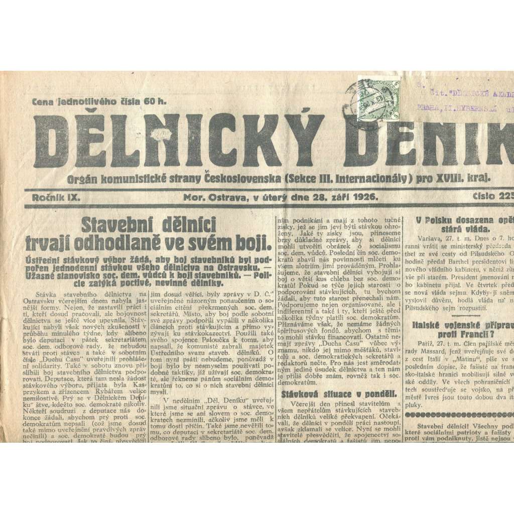 Dělnický deník, ročník IX., číslo 225/1926 (1. republika, staré noviny) - Ostrava