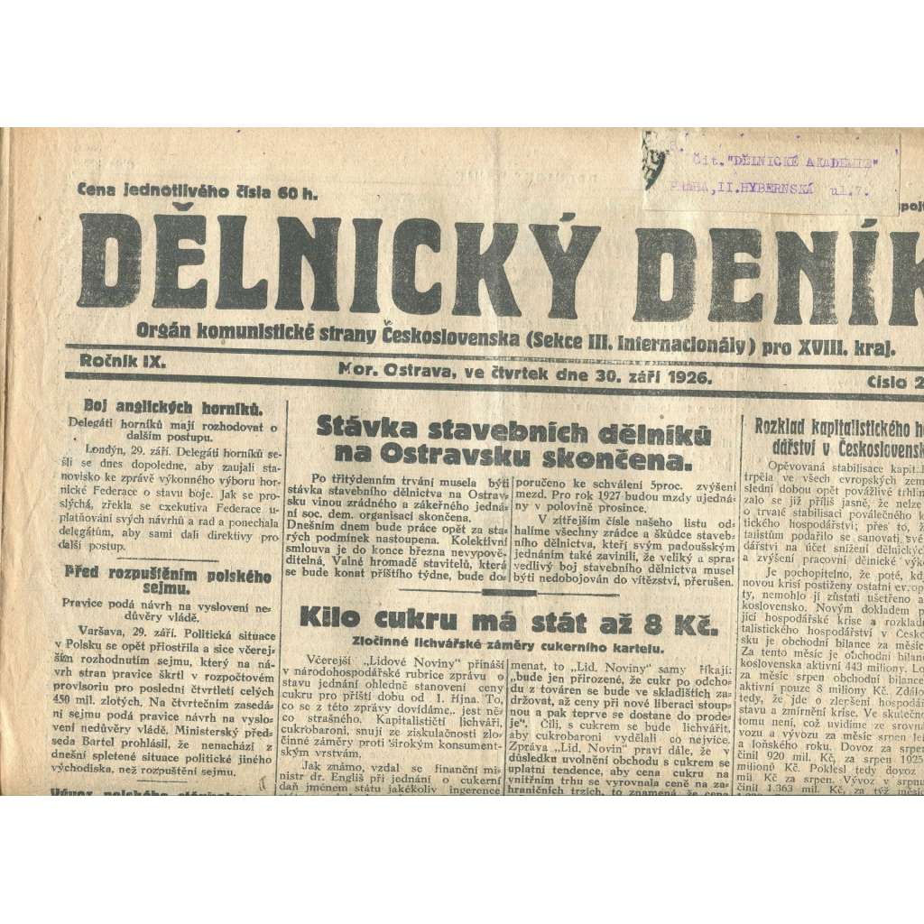 Dělnický deník, ročník IX., číslo 226/1926 (1. republika, staré noviny) - Ostrava