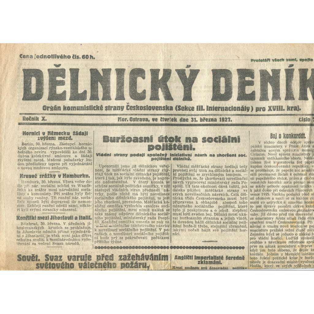Dělnický deník, ročník X., číslo 75/1927 (1. republika, staré noviny) - Ostrava