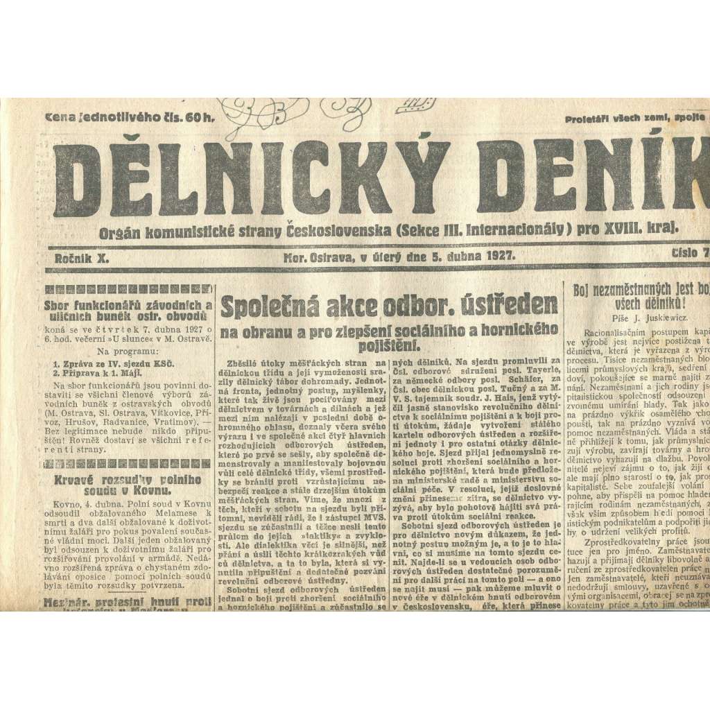 Dělnický deník, ročník X., číslo 79/1927 (1. republika, staré noviny) - Ostrava