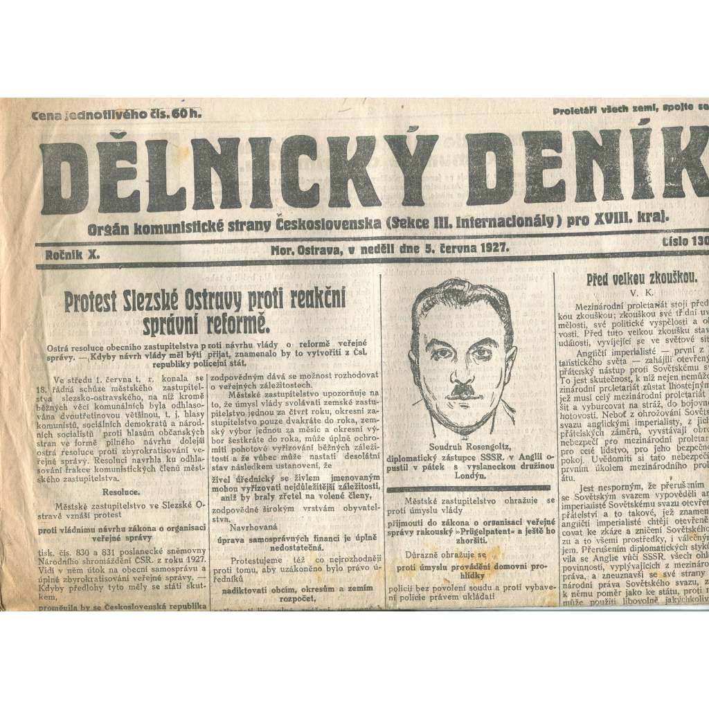 Dělnický deník, ročník X., číslo 130/1927 (1. republika, staré noviny) - Ostrava