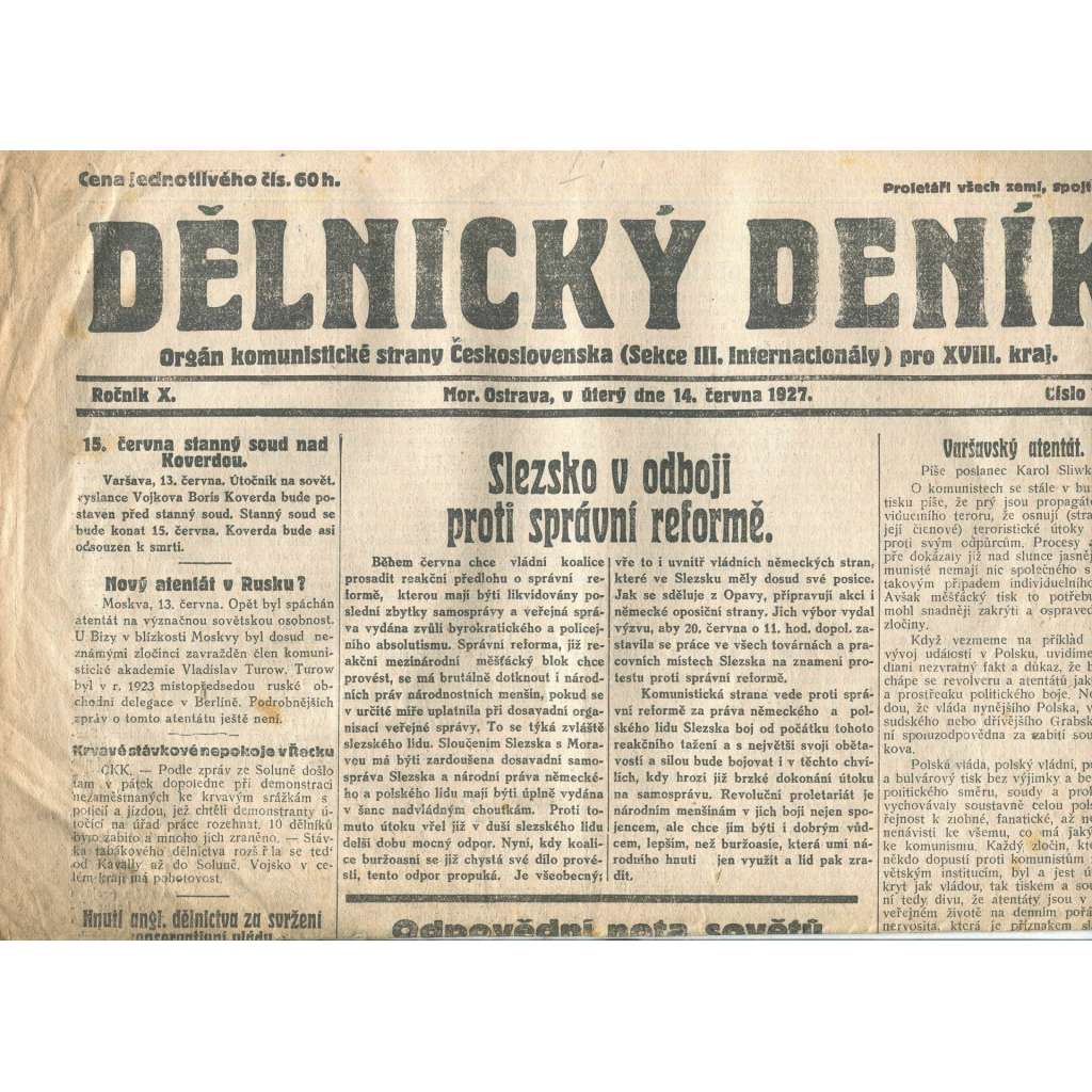 Dělnický deník, ročník X., číslo 136/1927 (1. republika, staré noviny) - Ostrava