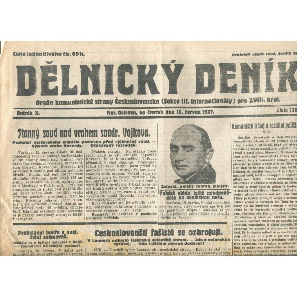 Dělnický deník, ročník X., číslo 138/1927 (1. republika, staré noviny) - Ostrava