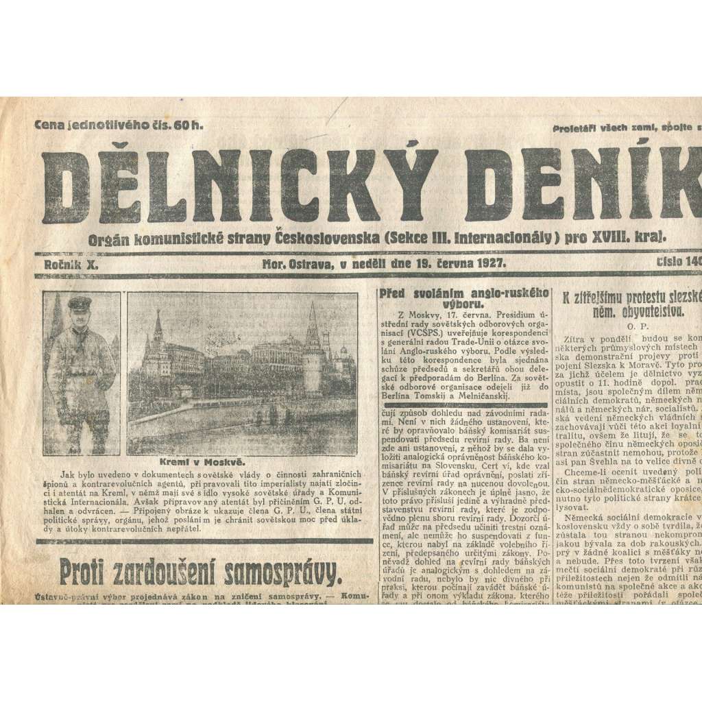 Dělnický deník, ročník X., číslo 140/1927 (1. republika, staré noviny) - Ostrava