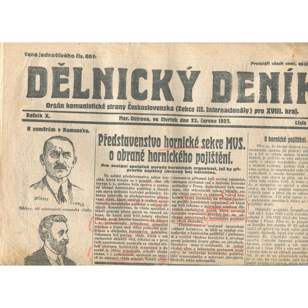Dělnický deník, ročník X., číslo 143/1927 (1. republika, staré noviny) - Ostrava