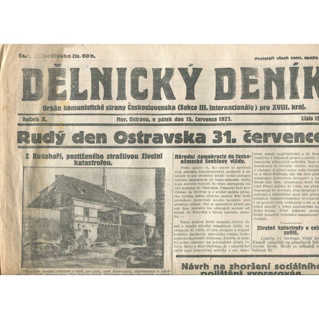 Dělnický deník, ročník X., číslo 159/1927 (1. republika, staré noviny) - Ostrava