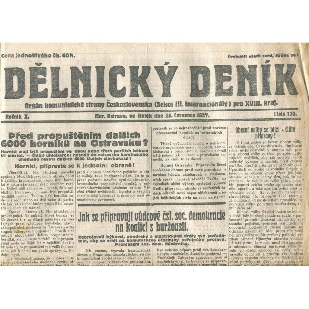 Dělnický deník, ročník X., číslo 170/1927 (1. republika, staré noviny) - Ostrava