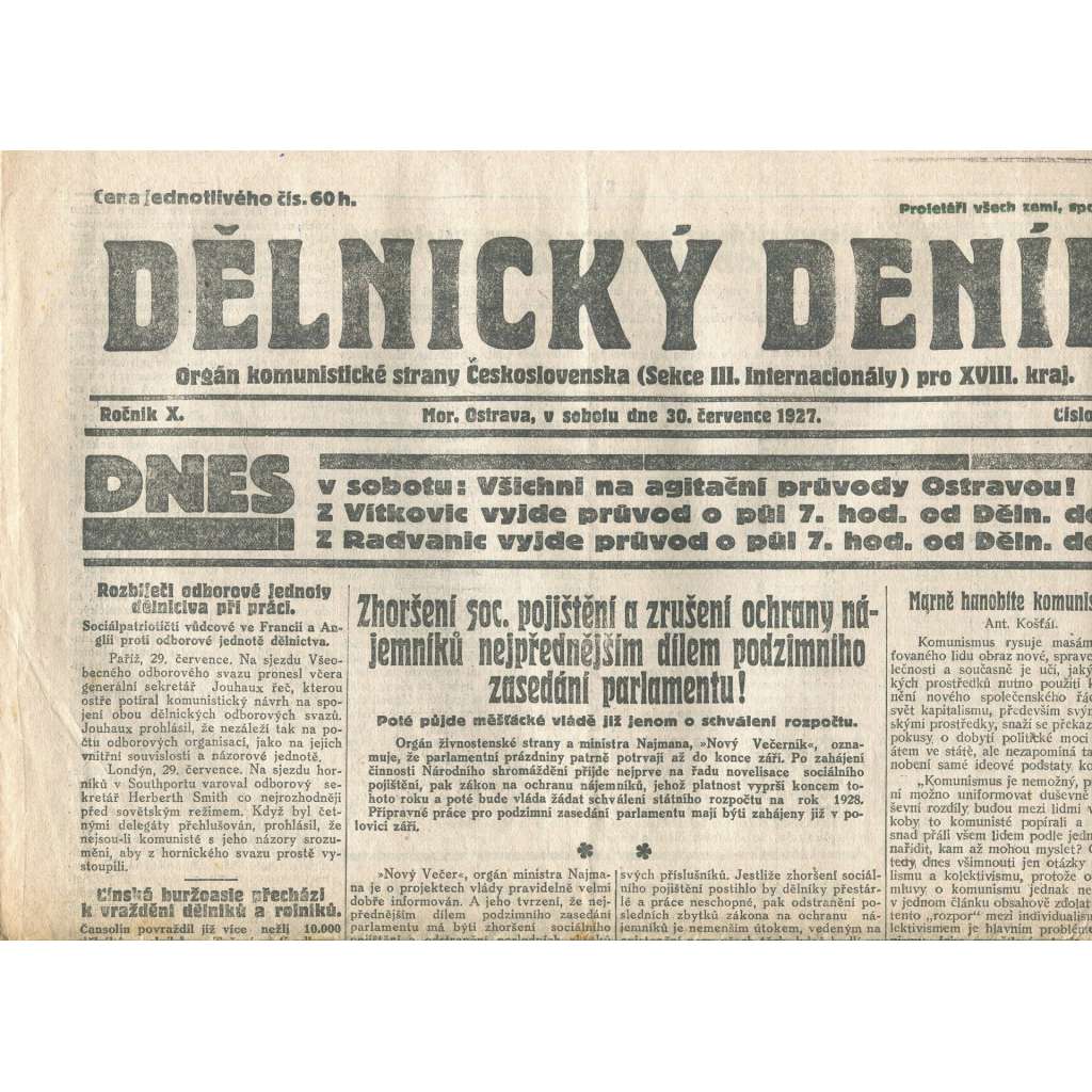 Dělnický deník, ročník X., číslo 172/1927 (1. republika, staré noviny) - Ostrava