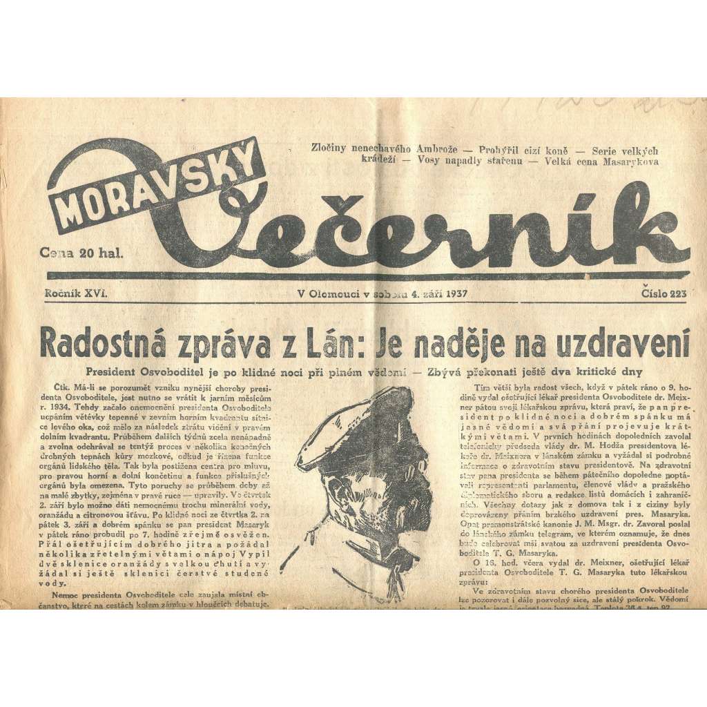 Moravský večerník, ročník XVI., číslo 223/1937 (1. republika, noviny)
