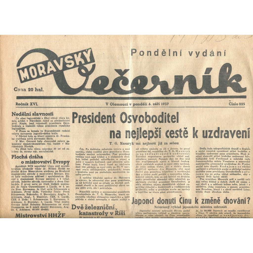 Moravský večerník, ročník XVI., číslo 225/1937 (1. republika, noviny)