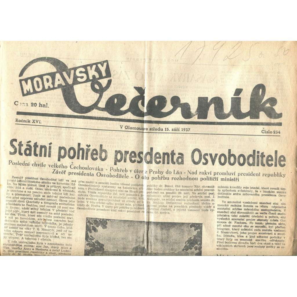 Moravský večerník, ročník XVI., číslo 234/1937 (1. republika, noviny)