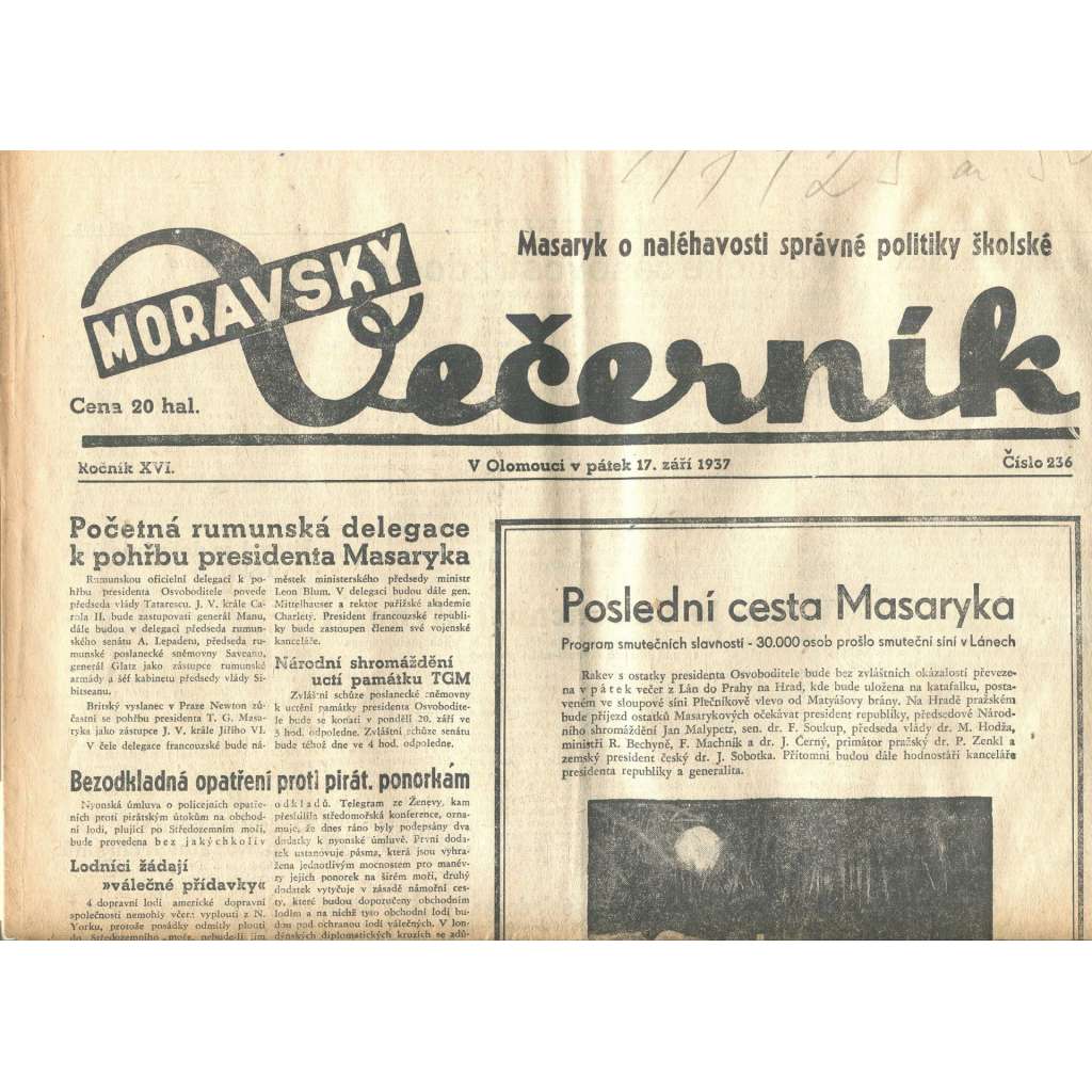 Moravský večerník, ročník XVI., číslo 236/1937 (1. republika, noviny)