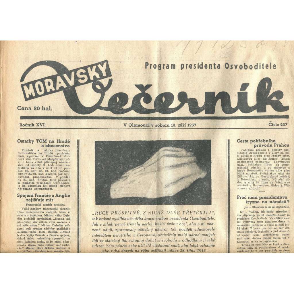 Moravský večerník, ročník XVI., číslo 237/1937 (1. republika, noviny)
