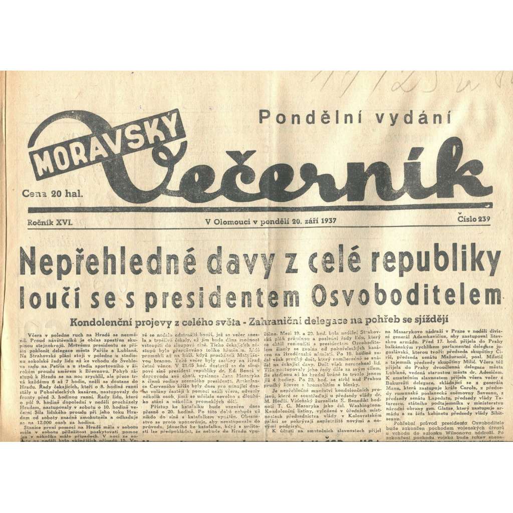Moravský večerník, ročník XVI., číslo 239/1937 (1. republika, noviny)