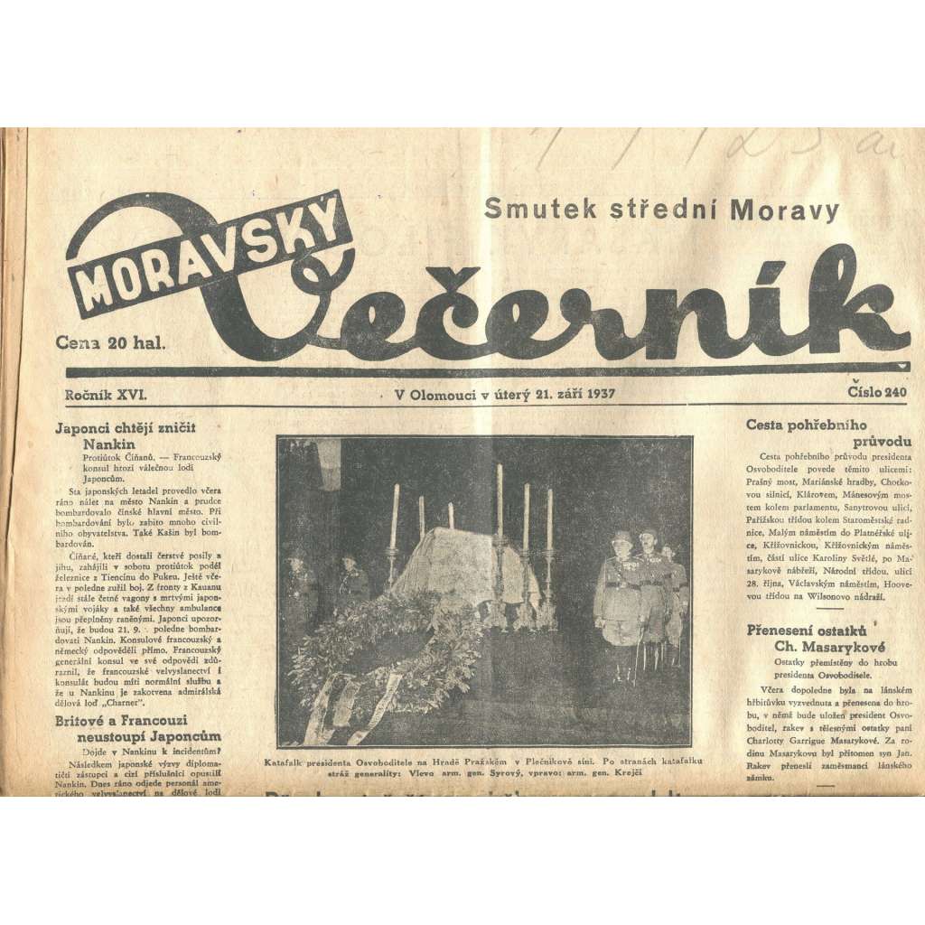 Moravský večerník, ročník XVI., číslo 240/1937 (1. republika, noviny)