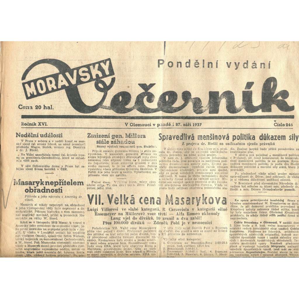 Moravský večerník, ročník XVI., číslo 246/1937 (1. republika, noviny)