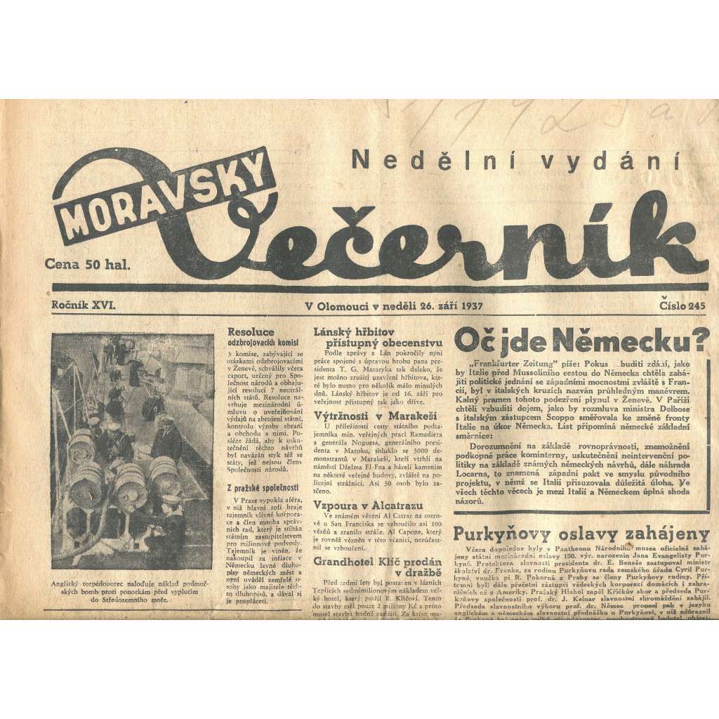 Moravský večerník, ročník XVI., číslo 245/1937 (1. republika, noviny)