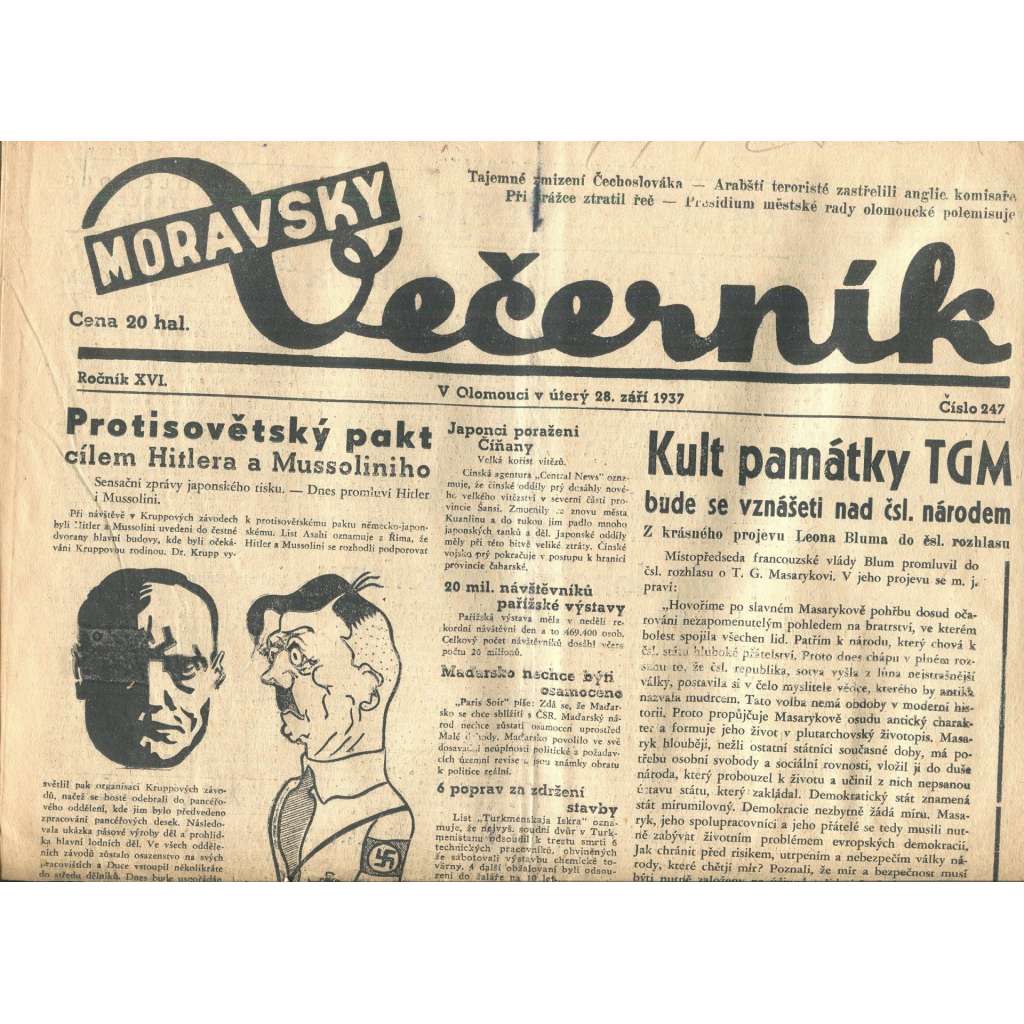 Moravský večerník, ročník XVI., číslo 247/1937 (1. republika, noviny)