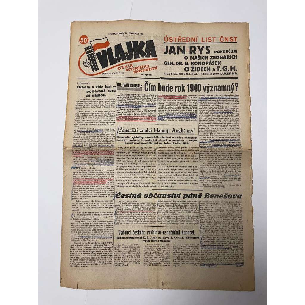 Vlajka, ročník IX., číslo 155/1939. Deník nového národovectví (noviny, kolaborace, Protektorát)