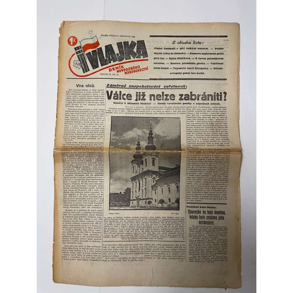 Vlajka, ročník IX., číslo 12/1939. Deník nového národovectví (noviny, kolaborace, Protektorát)