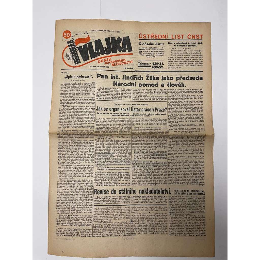 Vlajka, ročník IX., číslo 154/1939. Deník nového národovectví (noviny, kolaborace, Protektorát)